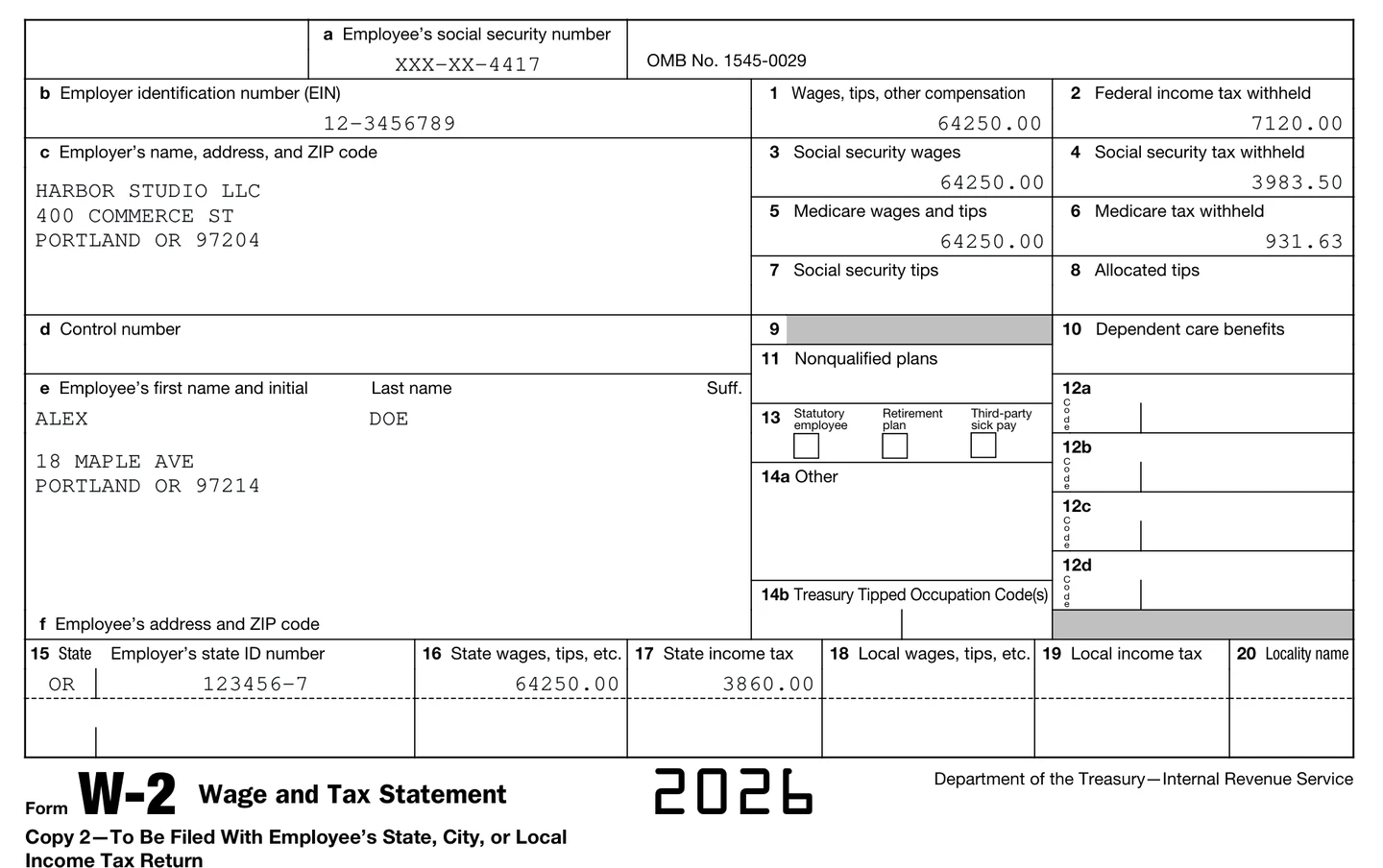A W-2 for Alex Doe from Harbor Studio LLC for 2026, with the name and year ticked in red pen